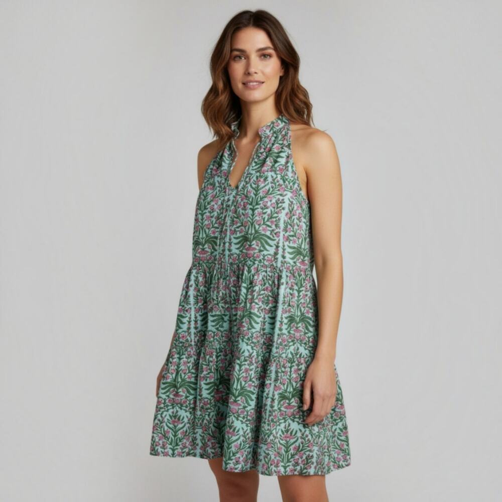 Karma Dress Womens Small Floral Block Print Blue Pink Cotton Relaxed Flowy Boho